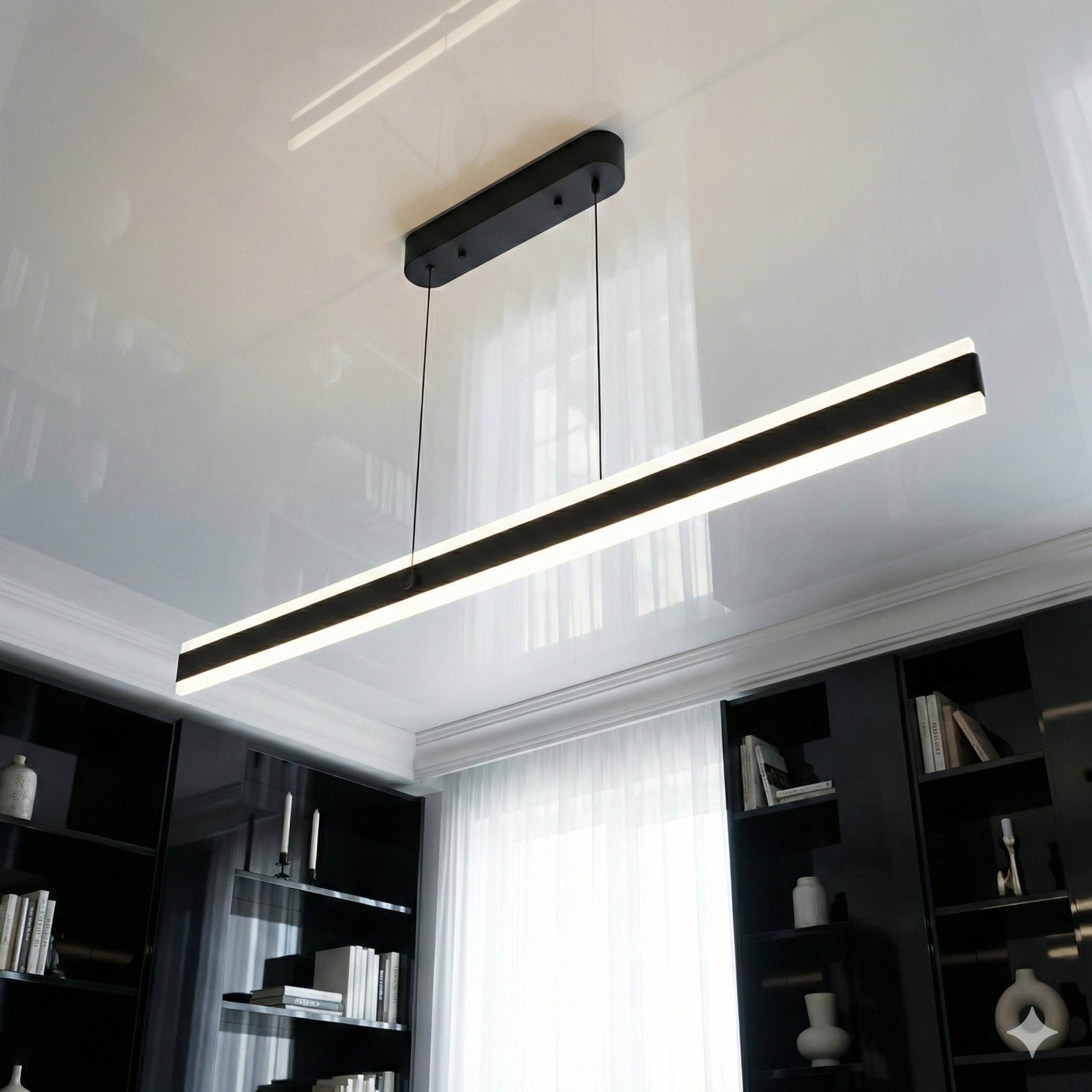 Светодиодная люстра Diasha XH1003/1200BK над столом в современном минималистичном интерьере, мягкое освещение, вечерняя атмосфера, интерьерная зона в Днепре