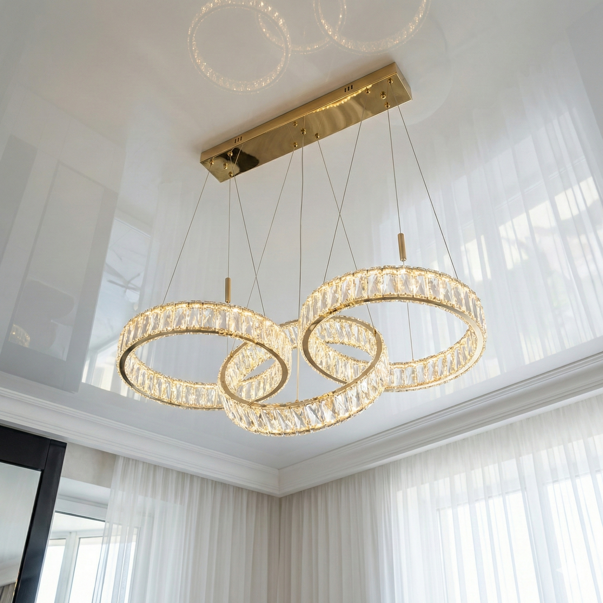 Светодиодный подвес с кристаллами 523/400x3G — современная люстра в интерьере гостиной, глянцевое золотистое покрытие, кристаллы, освещение для дома, атмосферный свет, Днепр