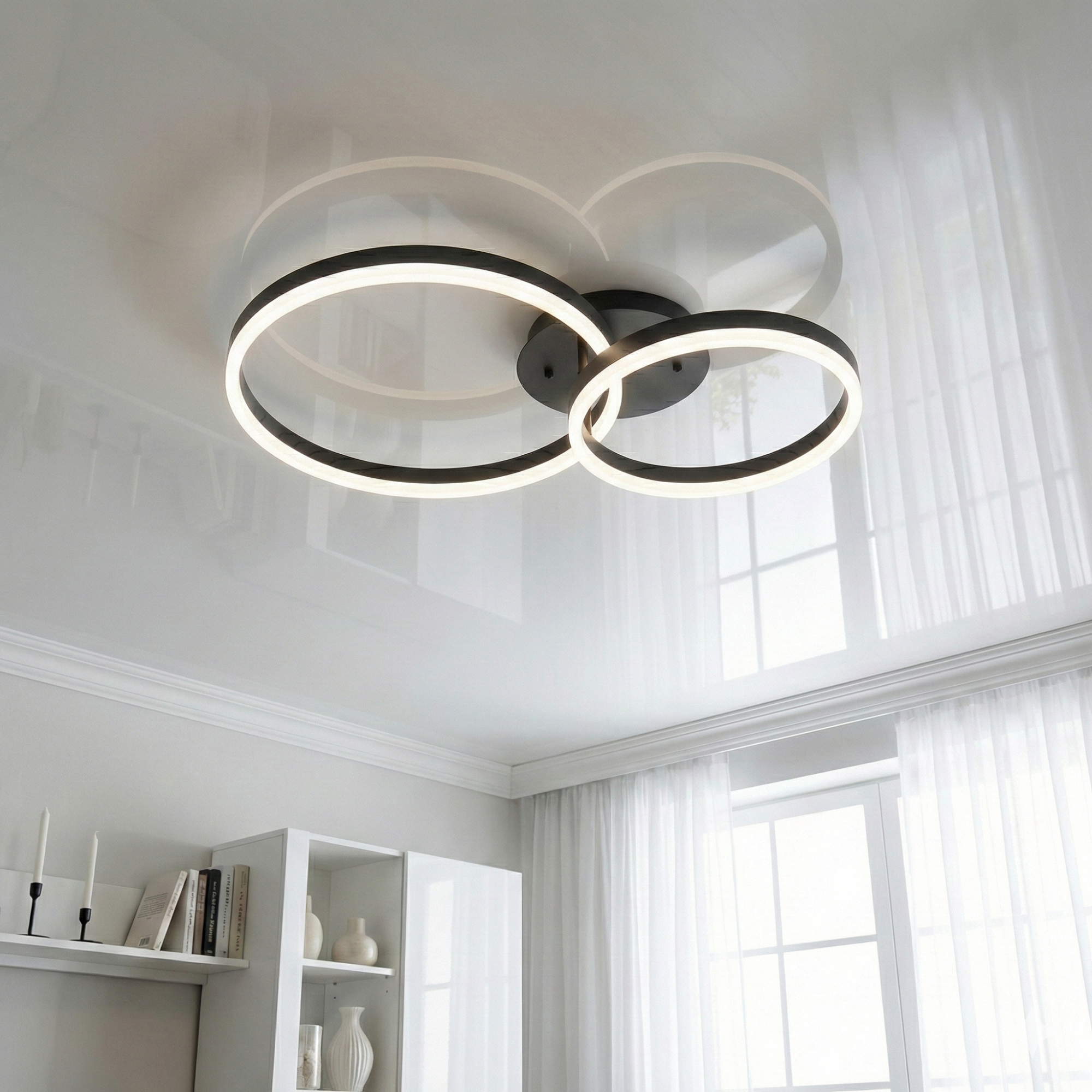 Люстра с изменением яркости 2539BK dimmer, визиуал: современный черный дизайн с акриловым плафоном, светится в гостиной Киева, мягкий свет, уютная атмосфера