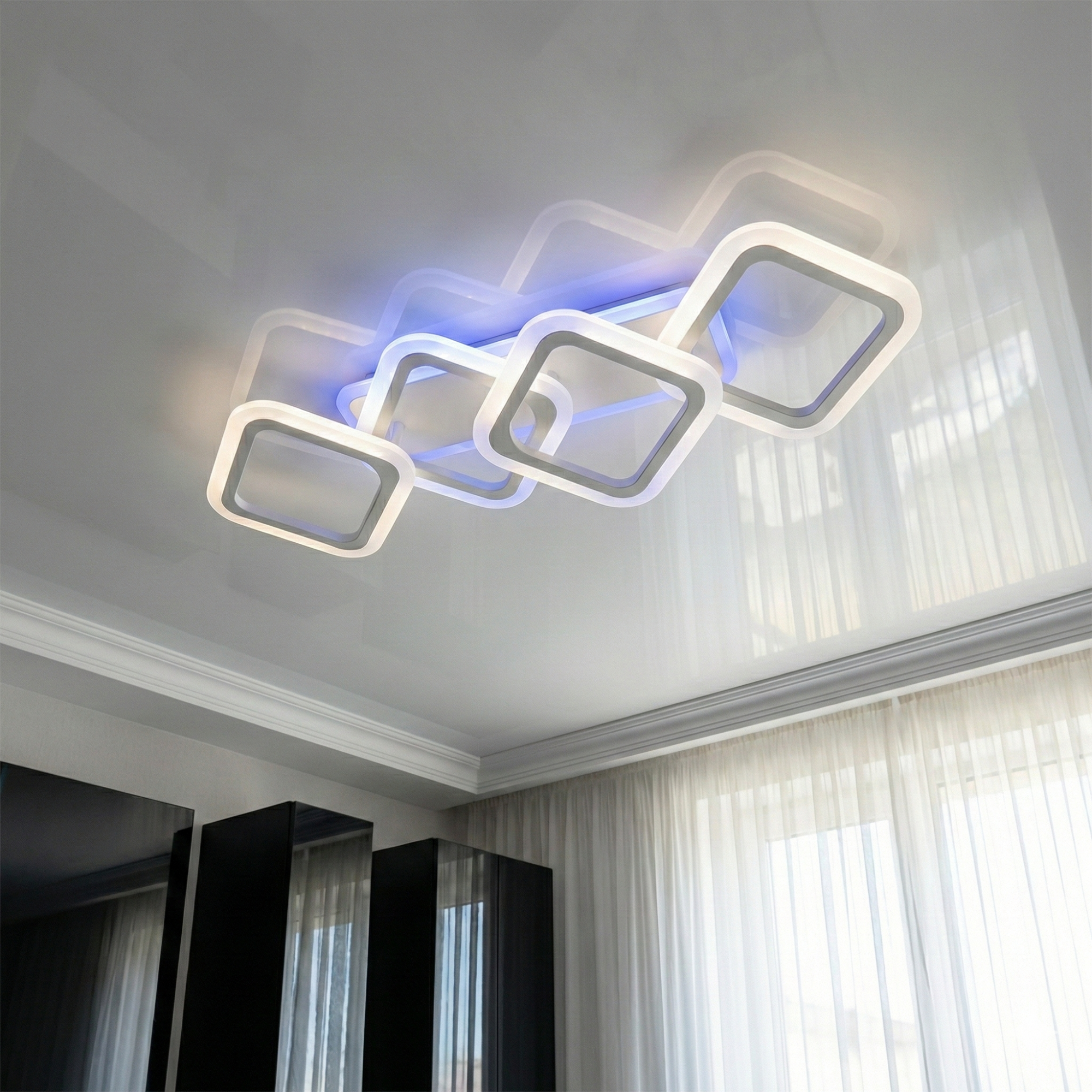 Люстра светодиодная с вытянутыми квадратами HA8160/2+2WH, включенная подсветка, стильный современный интерьер, оформленный в Одессе, мягкое зонирующее освещение для уютной атмосферы