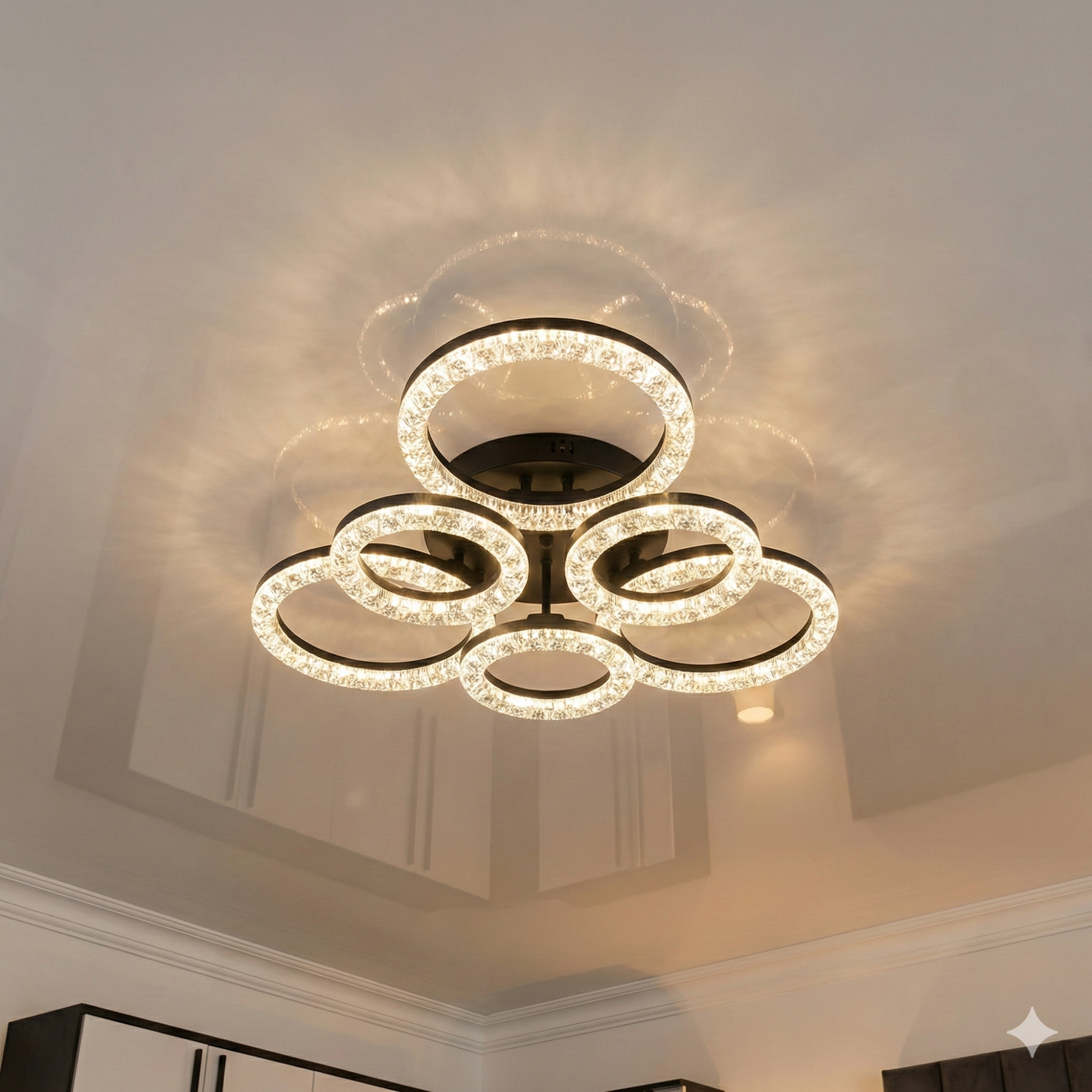 Потолочный светильник в спальню MX4770/3+3BK Diasha: кольцевая LED-люстра, современный стиль, мягкое освещение в спальне, интерьер Херсона в утренних тонах.