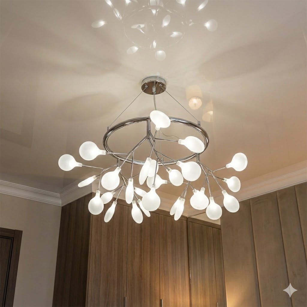 Люстра в зал светлячок D8049/27CH Diasha — подвесная на 27 ламп, серебристый корпус, стеклянные плафоны, элегантный вечерний интерьер, освещение в гостиной Днепра, мягкий рассеянный свет