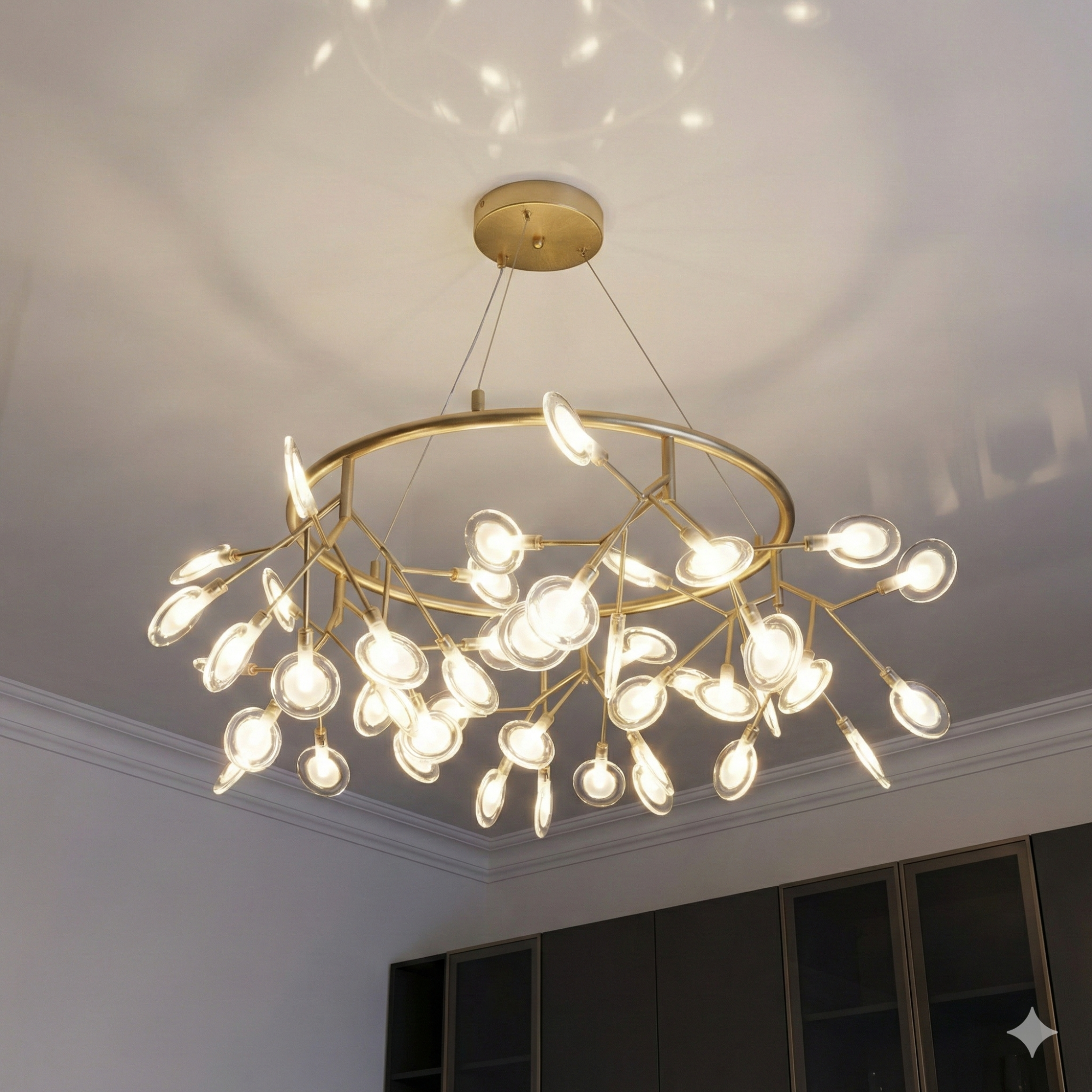 Люстра с множеством маленьких плафонов Y887-45C GD, центральное освещение современной гостиной, уютная атмосфера для жителей Днепра, золотистое сияние и стиль